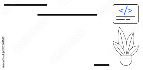 Coding symbol, potted plant alongside structured black horizontal lines create a minimalist tech workspace. Ideal for technology, web development, coding, modern office, simplicity, organization
