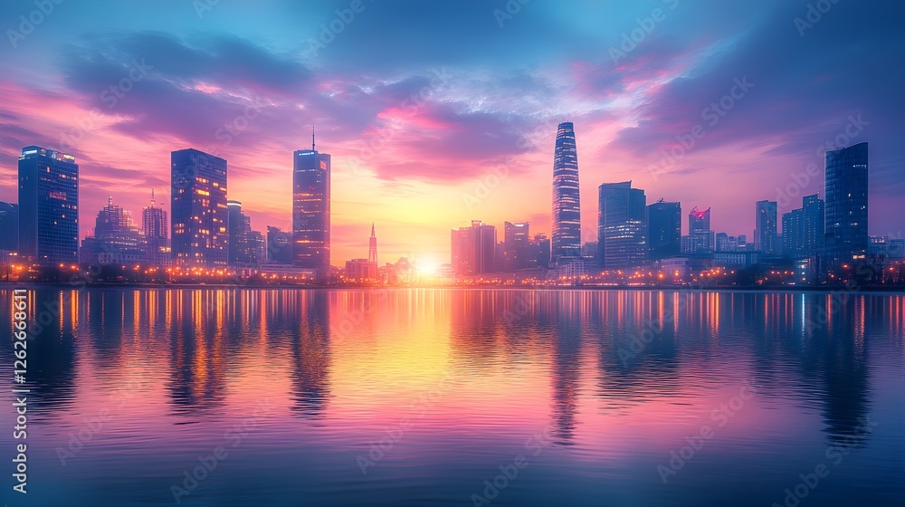 Urban City Skyline Reflecting in the Water at Twilight – Generative AI Urban City Skyline Reflecting in the Water at Twilight – Generative AI