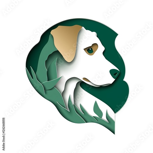 papercut dog logo with nature elements, layered paper style pet illustration in green and white photo