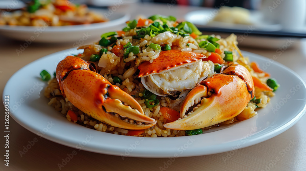 Delicious seafood delight: Fresh crab served over flavorful fried rice with vibrant vegetables, perfect for an exquisite culinary experience. Delicious seafood delight: Fresh crab served over flavorful fried rice with vibrant vegetables, perfect for an exquisite culinary experience.