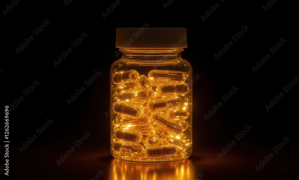 Glowing capsule bottle on a dark background Glowing capsule bottle on a dark background