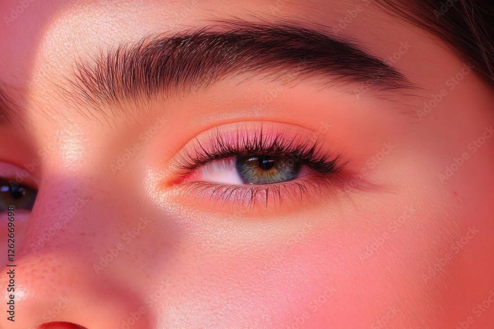 Obraz premium Close-up of a youthful face showcasing vibrant eye makeup and natural skin glow in soft light