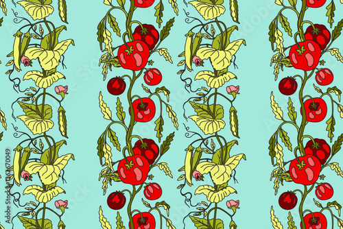 Botanical abstract seamless pattern with cartoon growing tomatoes and peas vector illustration. Repeating vegetables pattern in light blue color background. Graphic design for Wallpaper Textile Cover