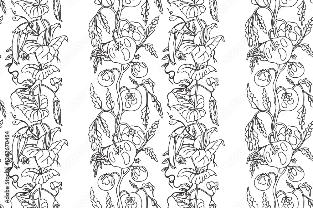 Fototapeta premium Line art abstract seamless pattern with growing tomatoes and peas vector illustration. Hand drawn outline repeating vegetables pattern in white background. Graphic design for Wallpaper Coloring Book