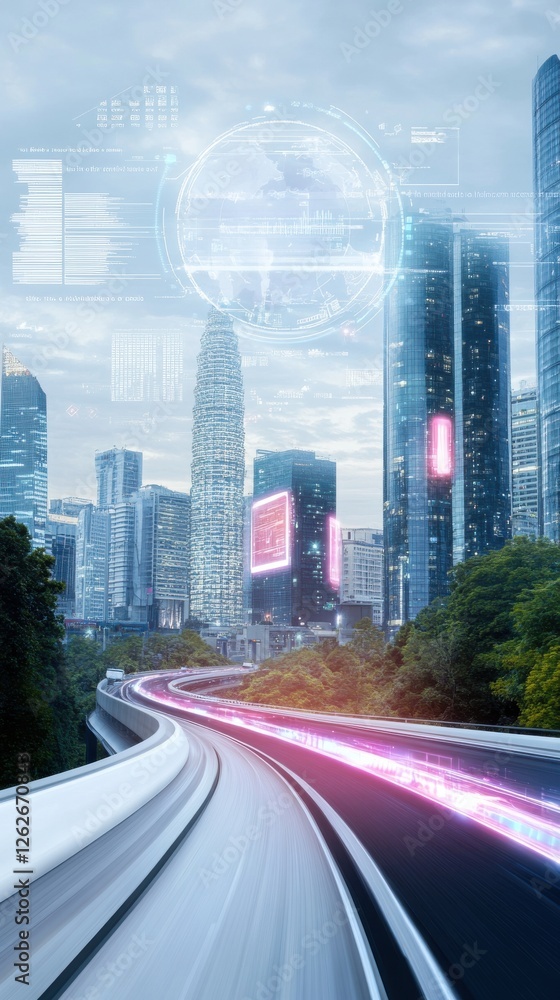 Fototapeta premium A futuristic cityscape featuring skyscrapers, illuminated signage, and a dynamic roadway, blending nature with advanced technology.