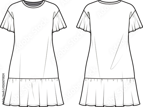 Technical flat sketch of Flounce hem mini dress. Flutter sleeve tiered dress with drop shoulder. Vector mock up Template. 