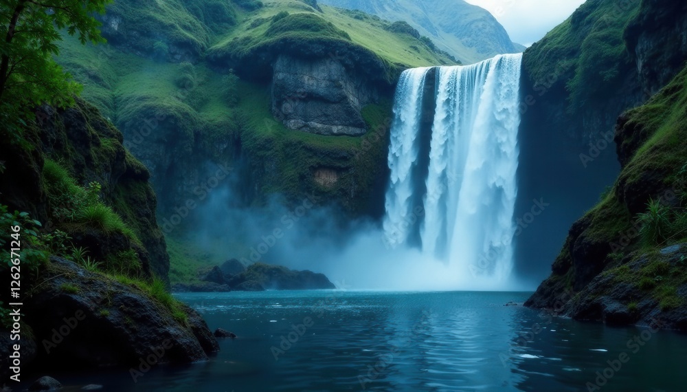 Fototapeta premium Majestic waterfall, falling water, dark backdrop, silhouette, dramatic, energy