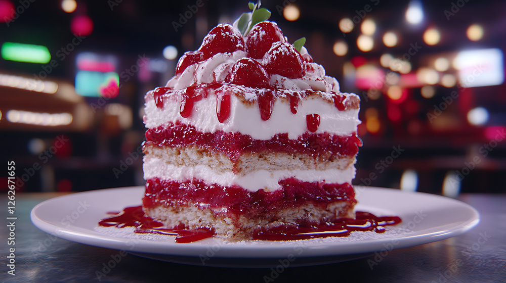 Delicious Raspberry Layer Cake Dessert Delight with Creamy Topping and Sweet Sauce Drizzle