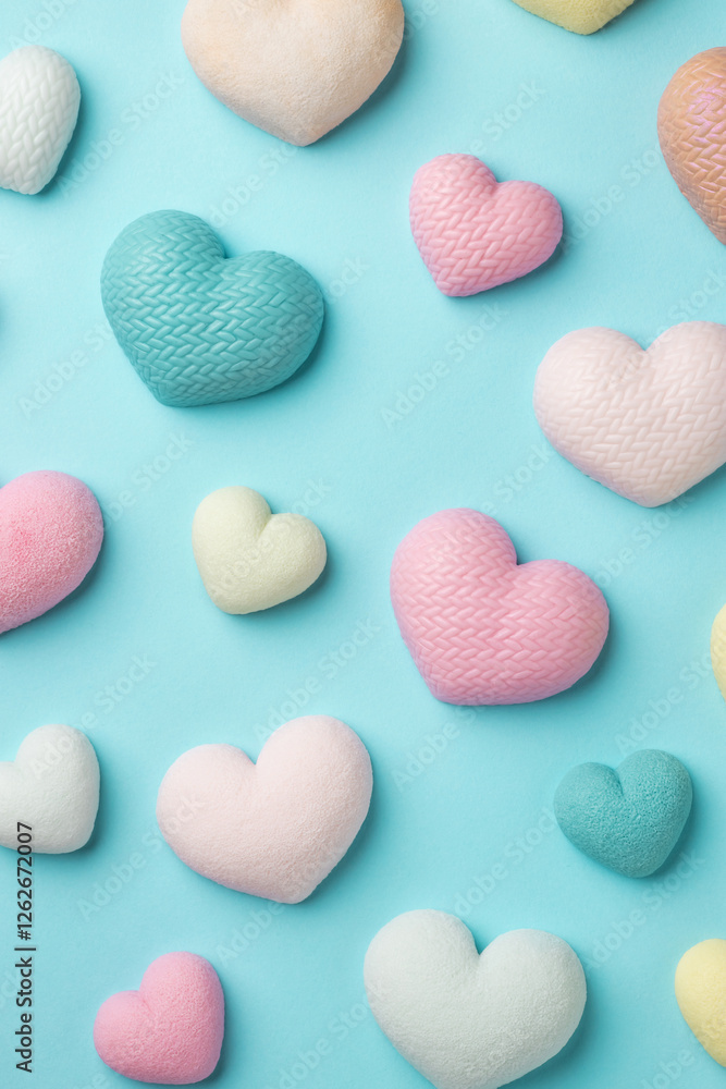 Obraz premium Colorful tiny hearts on pastel blue background. Minimal concept idea. Top view.