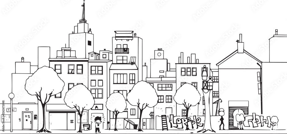 custom made wallpaper toronto digitalCity landscape. Different buildings on street, outline cityscape hand sketch, flat houses. Hand drawn vector illustration