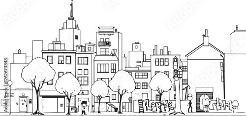 Wallpaper Mural City landscape. Different buildings on street, outline cityscape hand sketch, flat houses. Hand drawn vector illustration Torontodigital.ca