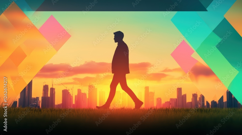 A silhouetted figure walks against a vibrant sunset, framed by colorful geometric shapes, evoking a sense of journey and urban life. A silhouetted figure walks against a vibrant sunset, framed by colorful geometric shapes, evoking a sense of journey and urban life.