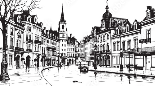 City landscape. Different buildings on street, outline cityscape hand sketch, flat houses. Hand drawn vector illustration