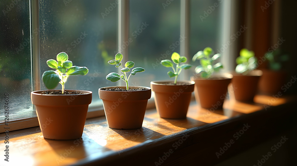 Young plants in terracotta pots on sunny windowsill Young plants in terracotta pots on sunny windowsill