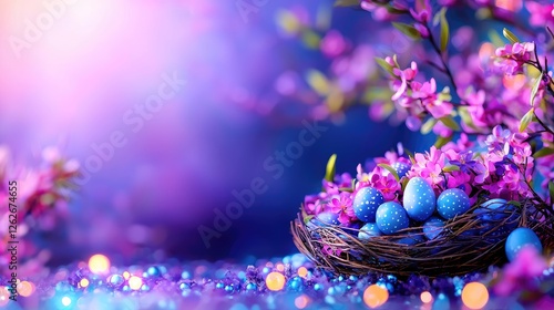 Spring Easter eggs nest, flowers, bokeh background