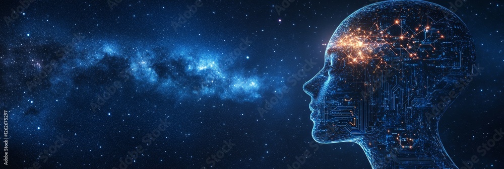 Abstract Human Head with Digital Circuits and Glowing Nodes Against a Starry, Blue Background Abstract Human Head with Digital Circuits and Glowing Nodes Against a Starry, Blue Background