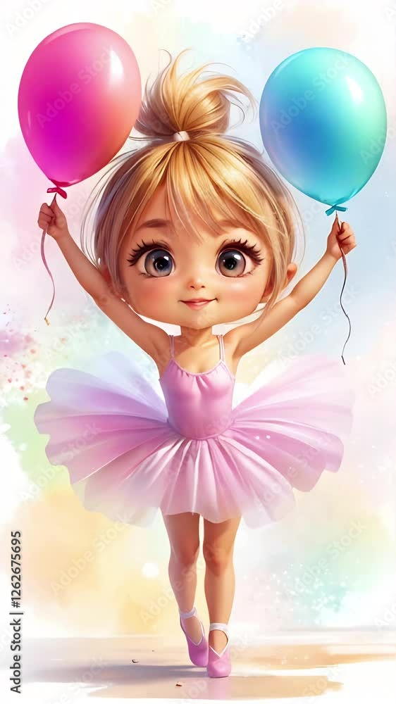 Joyful little girl in pink fluffy skirt holding balloons on colorful background. Cute cartoon ballerina with blond hair and big eyes. Vertical animation. Birthday. Joyful little girl in pink fluffy skirt holding balloons on colorful background. Cute cartoon ballerina with blond hair and big eyes. Vertical animation. Birthday.