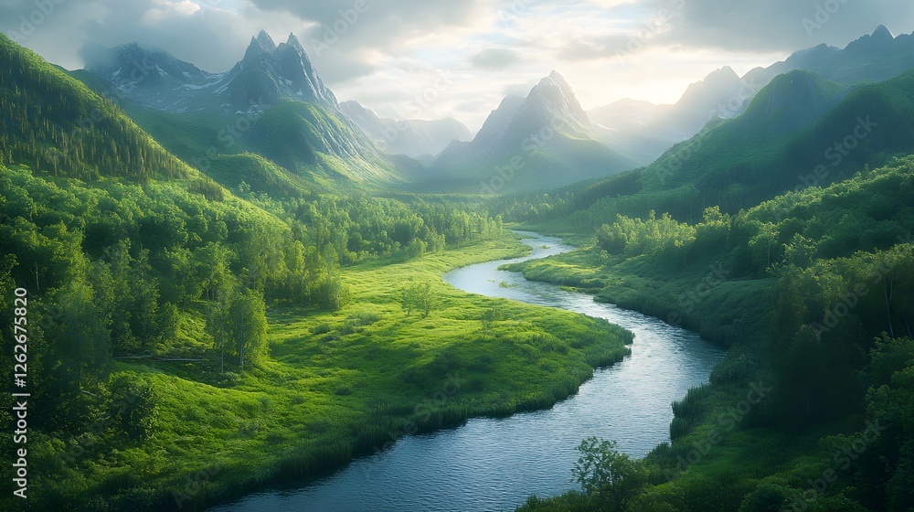 Lush Green Valley with Meandering River, Ideal for Nature Documentaries and Environmental Awareness – Generative AI Lush Green Valley with Meandering River, Ideal for Nature Documentaries and Environmental Awareness – Generative AI