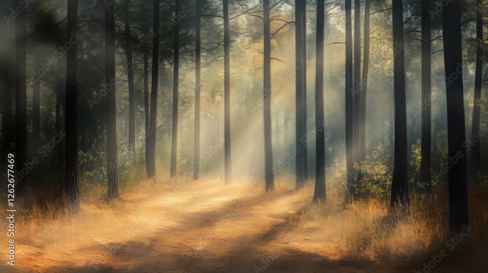 Obraz premium Oregon Forest Photography: A misty morning with towering pines and dappled light creates an enchanting woodland scene.