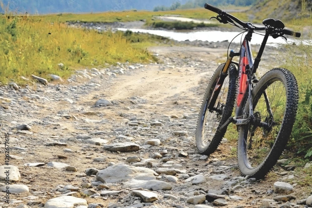 Mountain bike parked on a rocky trail beside a tranquil river during a sunny afternoon Mountain bike parked on a rocky trail beside a tranquil river during a sunny afternoon