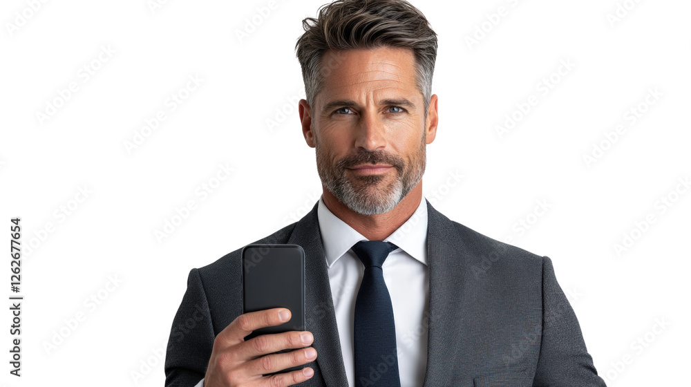 Modern businessman holding smartphone in studio setting Modern businessman holding smartphone in studio setting