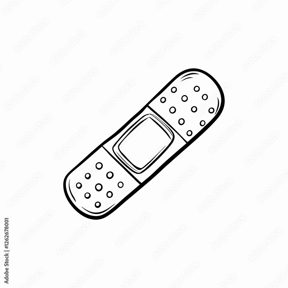 Hand-sketched bandage at slight angle shows realistic detail. Quick stroke style creates medical illustration feel. Concept: first aid, medical supplies, healthcare Hand-sketched bandage at slight angle shows realistic detail. Quick stroke style creates medical illustration feel. Concept: first aid, medical supplies, healthcare