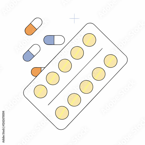 Colorful pills spilling from blister pack in playful arrangement. Pastel-toned medication illustration with thin outlines. Concept: pharmacy, medicine, healthcare