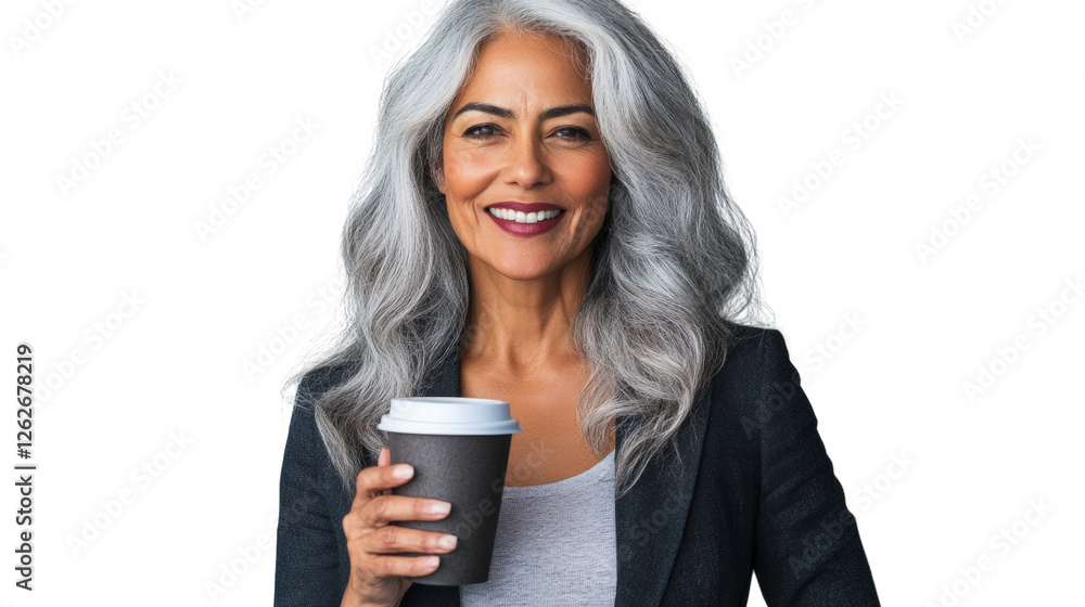 Bright urban setting smiling woman holding coffee in lifestyle portrait