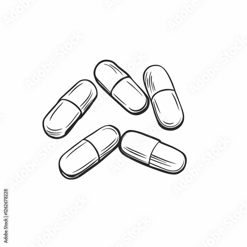 Five hand-drawn capsules with textured shading. Artistic medical illustration shows scattered arrangement. Concept: pharmaceuticals, medicine, healthcare art