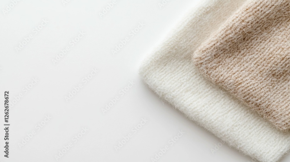 Two Knitted Hats, Beige and White, on White Background Two Knitted Hats, Beige and White, on White Background