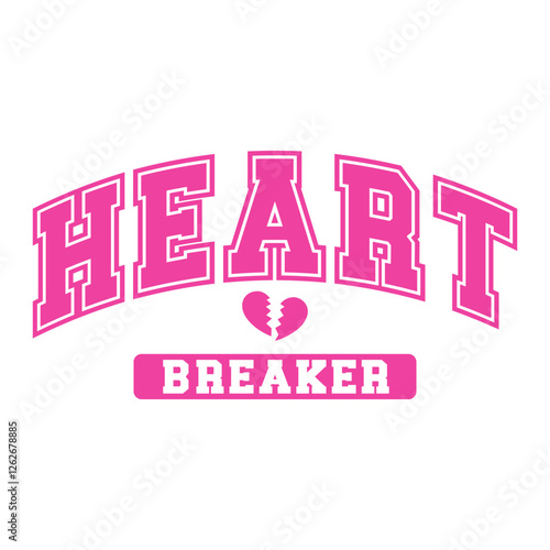 Bold varsity-style pink typography with the phrase "Heartbreaker" and a broken heart symbol. A trendy and playful anti-Valentine’s vector design, ideal for apparel, stickers, and digital prints