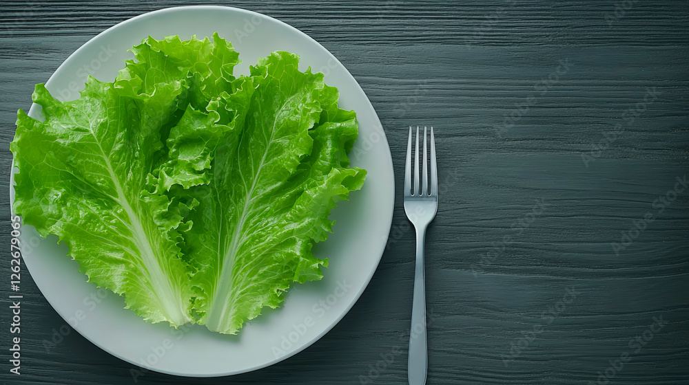 Fresh green lettuce on white plate with fork, representing healthy eating, nutritious meals, and balanced vegetarian diet concepts. Fresh green lettuce on white plate with fork, representing healthy eating, nutritious meals, and balanced vegetarian diet concepts.