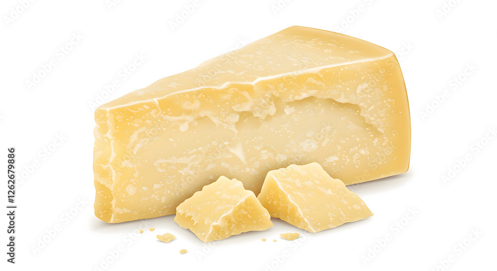 Wedge of Parmesan Cheese with Crumbles on White Background Wedge of Parmesan Cheese with Crumbles on White Background