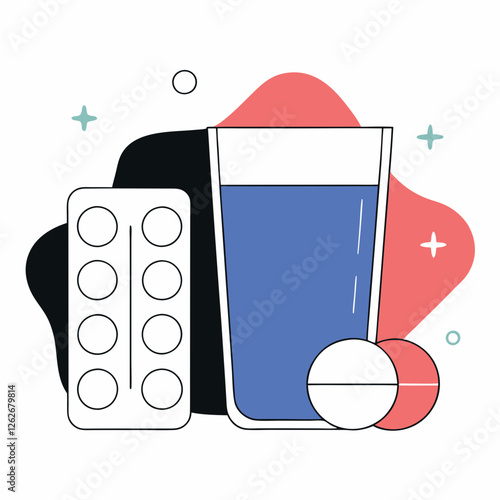 Modern blister pack of pills sits beside clear glass of water with abstract shapes in background. Clean minimalist medical illustration. Concept: pharmacy, healthcare, medicine