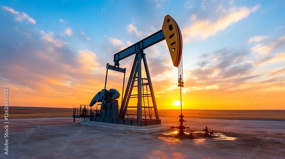Scenic sunset view of oil pumping operations and industrial equipment in rural landscape Scenic sunset view of oil pumping operations and industrial equipment in rural landscape