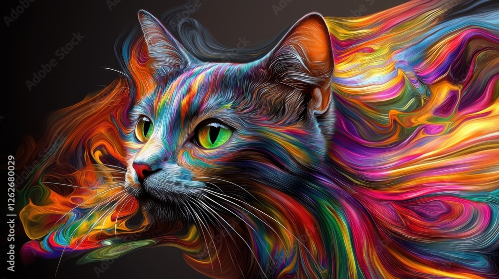 Fototapeta Colorful cat portrait with vibrant swirls of abstract patterns radiating from its fur