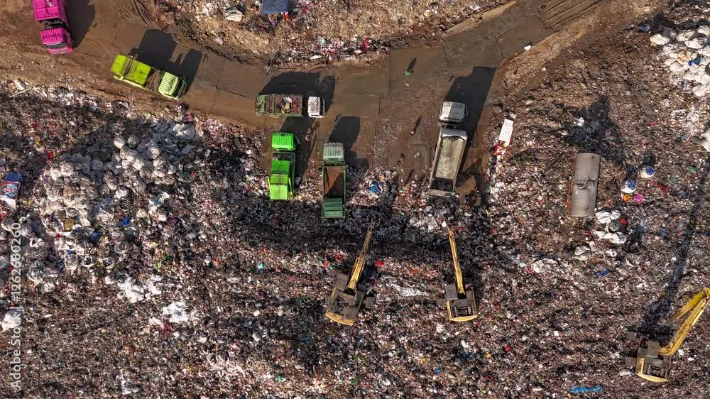 Aerial top view of A Huge Waste, garbage, dump, rubbish landfill. A ...