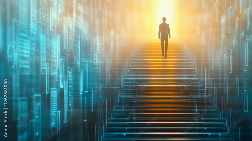 Inspire growth with technology: A silhouette ascends glowing digital stairs towards light, symbolizing ambition and digital transformation. Inspire growth with technology: A silhouette ascends glowing digital stairs towards light, symbolizing ambition and digital transformation.