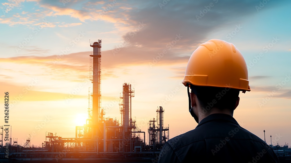 Sunset view of an industrial worker at oil refinery business environment urban landscape Sunset view of an industrial worker at oil refinery business environment urban landscape
