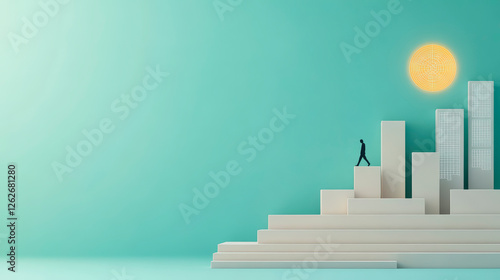 Business growth concept with silhouette figure climbing upward on bar chart against a bright sunrise. Achieve success today 