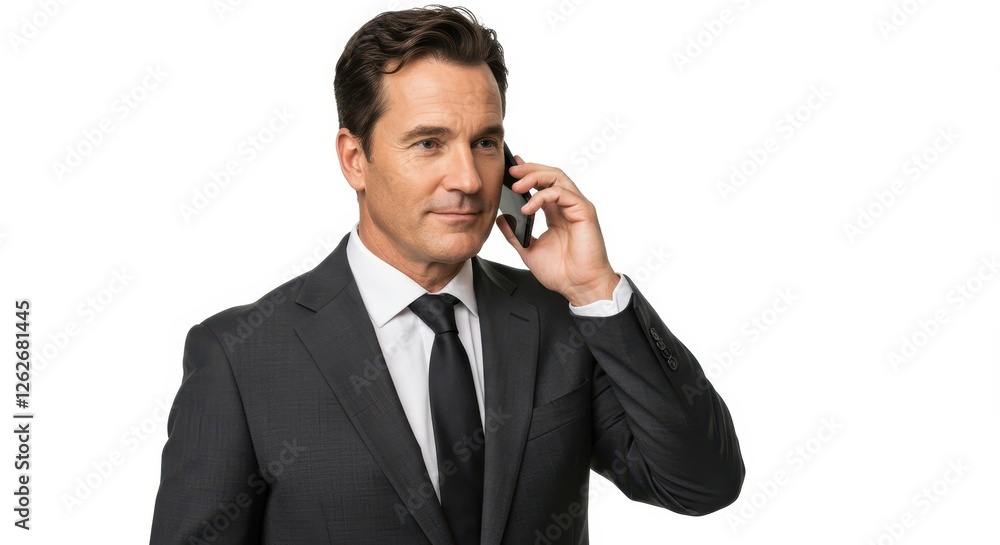 Man in asuit with a black tie holding a phone to his ear, isolated on a white background. Man in asuit with a black tie holding a phone to his ear, isolated on a white background.