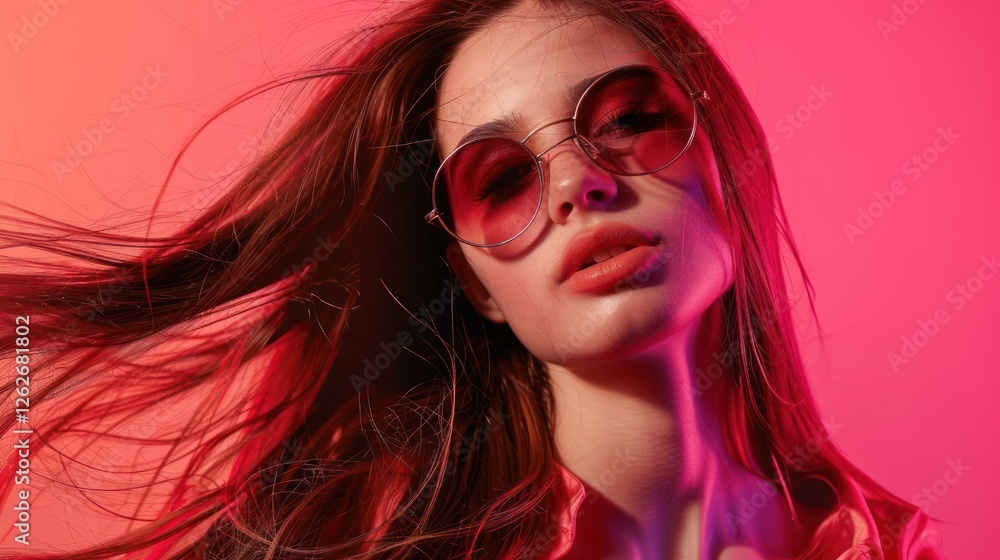 Obraz premium Portrait of beautiful long haired Woman model in trendy sunglasses posing on bright background, AI generated image