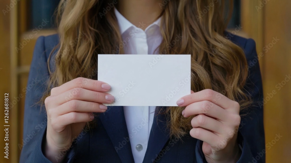 Business professional holding a blank card in front of a wooden background during daylight Business professional holding a blank card in front of a wooden background during daylight