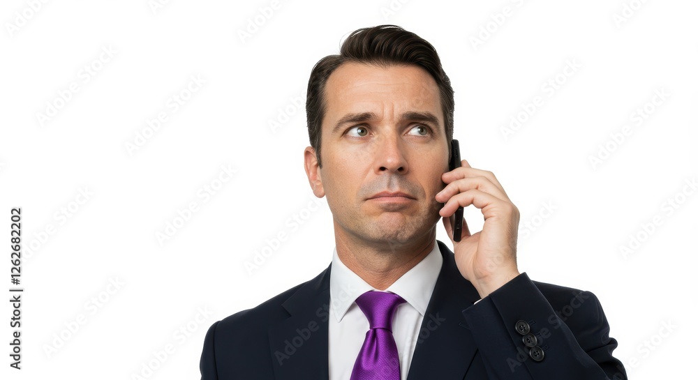Man in asuit with a purple tie holding a phone to his ear, isolated on a white background. Man in asuit with a purple tie holding a phone to his ear, isolated on a white background.