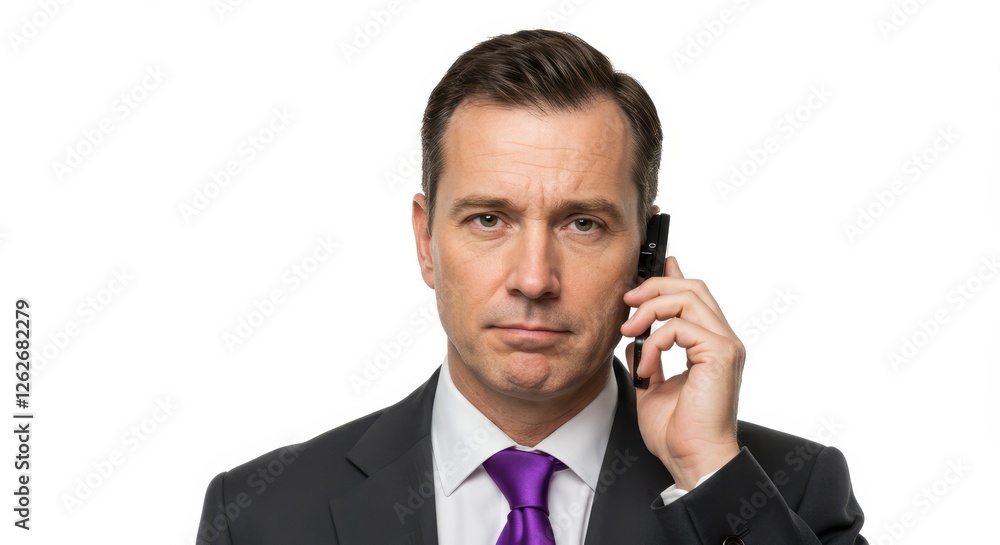 Man in asuit with a purple tie holding a phone to his ear, isolated on a white background. Man in asuit with a purple tie holding a phone to his ear, isolated on a white background.