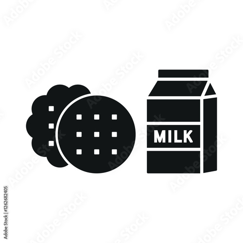 Milk and biscuit set food icon in flat style, featuring a glass of fresh milk and a stack of crispy biscuits, perfect for snack and dairy themes.