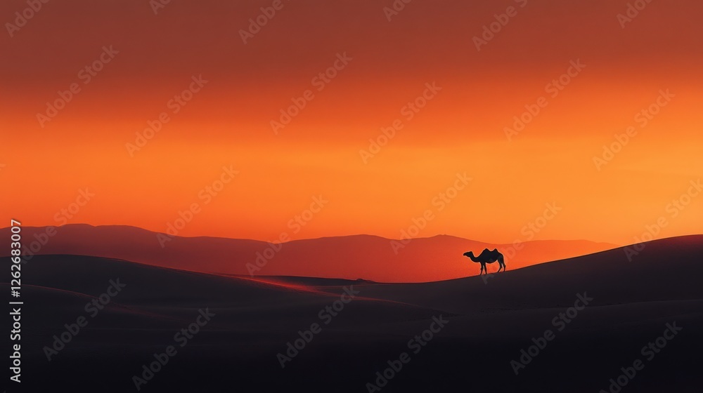Silhouetted camel traversing the golden dunes at sunset in a breathtaking desert landscape Silhouetted camel traversing the golden dunes at sunset in a breathtaking desert landscape