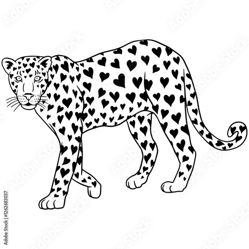 Unique black and white illustration of a leopard covered in heart-shaped spots. A creative and artistic design blending wildlife and love symbolism. Perfect for tattoos, prints, and fashion designs