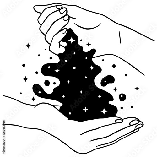 Minimalist black and white illustration of two hands holding and pouring a cosmic liquid filled with stars. A mystical, celestial design perfect for tattoo art, spirituality, and space-themed concepts