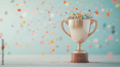 Golden trophy with colorful confetti symbolizes achievement and victory, ideal for celebrating success and excellence in competitive events. photo